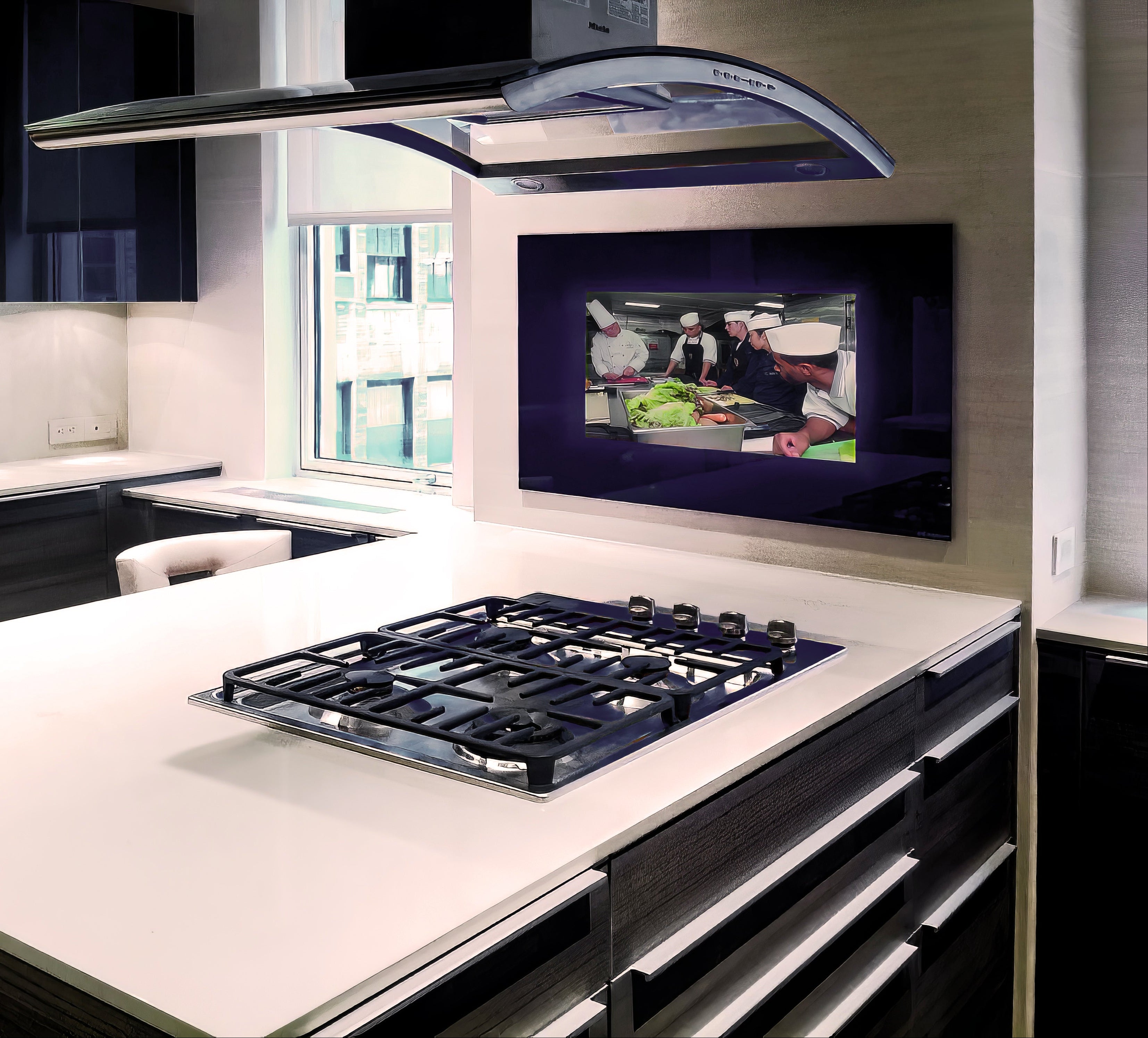 Modern kitchen with gas stove and built-in TV above it
